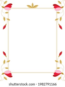 Rectangle floral frame with pink flowers and gold leafs