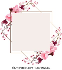 Rectangle flower frame. pink and purple color. vintage floral