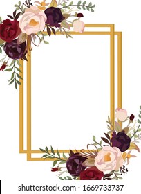 rectangle flower frame with red and pink rose. editable and isolated