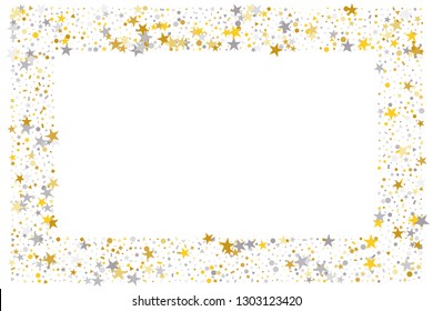 Rectangle frame or border Christmas gold and silver stars confetti falling, isolated on white. Magic shining flying stars and glitter dots sparkle cosmic backdrop