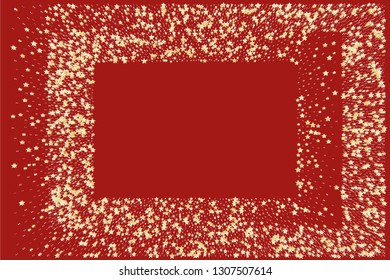Rectangle frame or border Christmas gold and silver stars confetti falling, on red background. Magic shining flying stars sparkle cosmic backdrop. Shooting stars background. Meteor shower