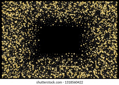 Rectangle frame or border Christmas gold and silver stars confetti falling, isolated on black. Magic shining flying stars sparkle cosmic backdrop. Shooting stars background. Meteor shower