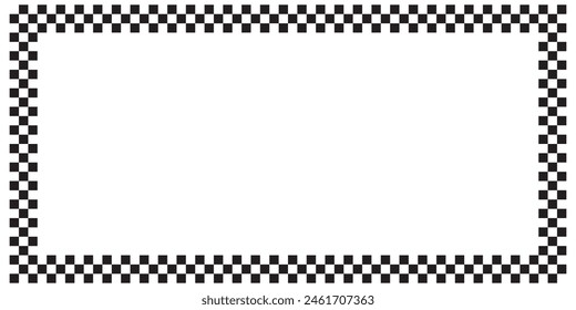 Rectangle frame with checkered print on borders. Rectangular vignette with checkerboard, race flag or chess game pattern isolated on white background. Vector graphic illistration.