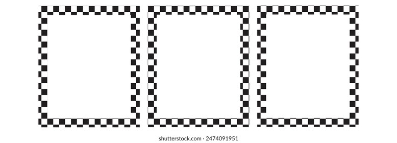 Rectangle frame with checkered print on borders. Rectangular vignette with checkerboard, race flag or chess game pattern isolated on white background. Vector graphic illistration