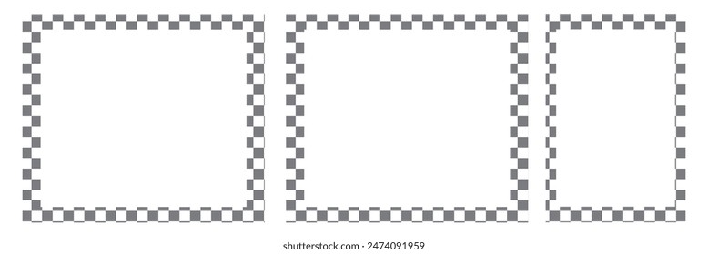 Rectangle frame with checkered print on borders. Rectangular vignette with checkerboard, race flag or chess game pattern isolated on white background. Vector graphic illistration