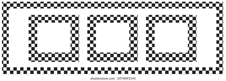 Rectangle frame with checkered print on borders. Rectangular vignette with checkerboard, race flag or chess game pattern isolated on white background. Vector illistration. EPS 10 Save to Library 