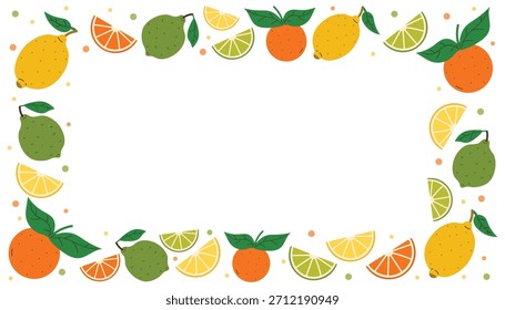 Retângulo quadro de citrinos, incluindo limão, laranja, limão com folhas verdes, cunhas e pequenos pontos de acentos. Estilo de desenho animado plano brilhante perfeito para o design de verão, temas de comida saudável, fundos.
