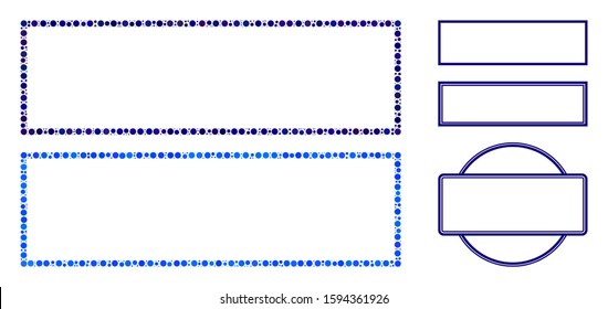 Rectangle frame composition of filled circles in different sizes and color hues, based on rectangle frame icon. Vector filled circles are organized into blue mosaic.