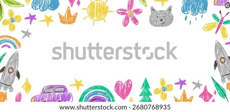 Rectangle frame with crayon chack drawn elements. Kids border with rainbow, flowers and heart