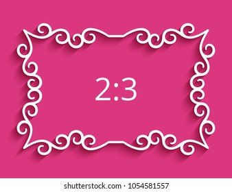 Rectangle frame with cutout border pattern, ornamental vector template for paper cutting or wood manufacturing, elegant swirly decoration for visit card or wedding invitation, eps10