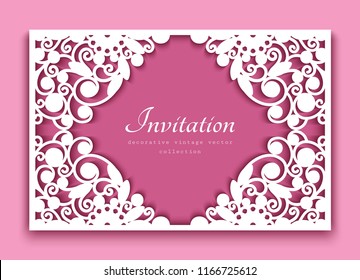 Rectangle frame with cutout floral swirls and place for text, ornamental lace decoration for greeting card or wedding invitation design, vector template for laser cutting