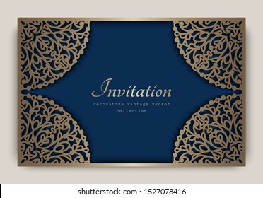 Rectangle frame with cutout gold pattern and place for text, ornamental lace decoration for save the date card or wedding invitation design, vector template for laser cutting