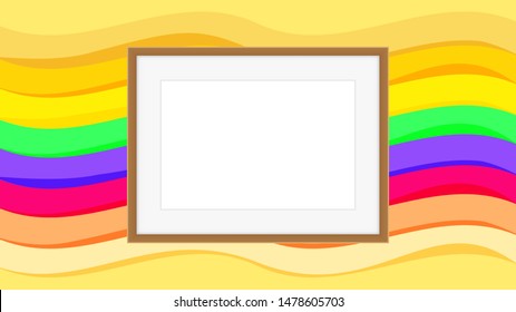 rectangle frame empty on colorful rainbow background, picture frames on colorful fashionable, blank frames decoration with rainbow colorful art backdrop, wooden frame modern, photo frame wood on wall