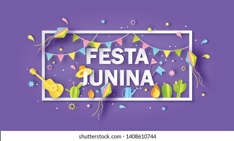 Rectangle frame of Festa Junina festival decorated with elements and text of FESTA JUNINA. Greeting card for Festa Junina festival. paper cut and craft style. vector, illustration.