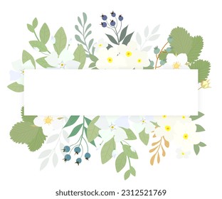 Rectangle frame with garden flowers and berries isolated on a white background. Floral frame with place for your text.