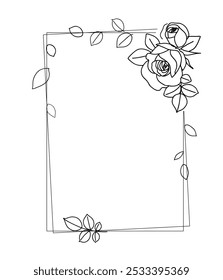 Rectangle frame of garden rose with stem and leaves. Hand drawn sketch. Vector illustration.