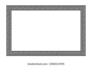 Rectangle frame with Greek fret ornament and a seamless meander pattern. Decorative oblong border, constructed from continuous lines, shaped into a repeated motif. Also known as Greek key or meandros.