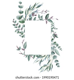 Rectangle frame with greenery leaves and branches. Nature background for the design of greeting cards, invitations, booklets and much more. Vector illustration.