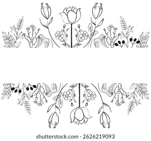 Rectangle frame with hand drawing flowers. Floral element for text, invitation, card, wedding. Flowers on invisible rectangle frame vector illustration.