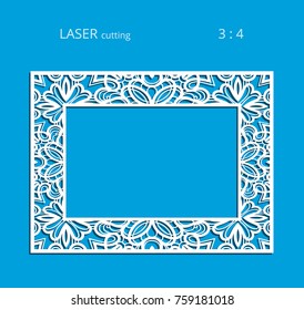Rectangle frame with lace border pattern, curly vector ornament suitable for laser cutting or cutout paperwork, elegant decoration for greeting card or wedding invitation design