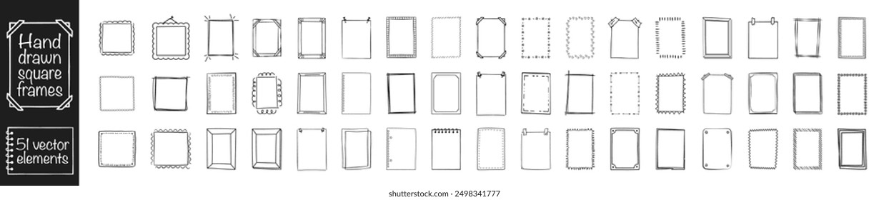 Rectangle frame line. Hand drawn frames. Set of frame doodle isolated on transparent background