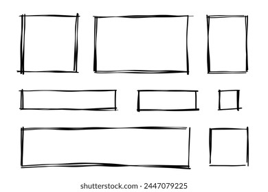 Rectangle frame line on transparent background. The rectangles are drawn by hand in doodle style. Vector illustration isolated