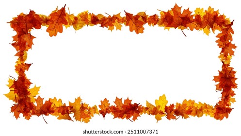 Rectangle frame made of autumn maple and oak leaves in vibrant orange and yellow tones. Vector illustration.