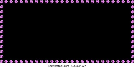 Rectangle frame made of pink animal paw prints on black background. Vector illustration, template, border, framework, photo frame, poster, banner, cats or dogs paw walking track.