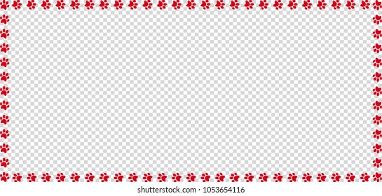 Rectangle Frame Made Of Red Animal Paw Prints On Transparent Background. Vector Illustration, Template, Border, Framework, Photo Frame, Poster, Banner, Cats Or Dogs Paw Walking Track.