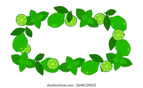Rectangle frame with mohito ingredients. Summer frame with mint and limes and empty space for text.