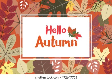 Rectangle frame on autumnal background with leaves - HELLO AUTUMN. Vector illustration.