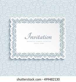 Rectangle frame with ornamental border decoration, cutout paper label, vector greeting card or wedding invitation template, eps10