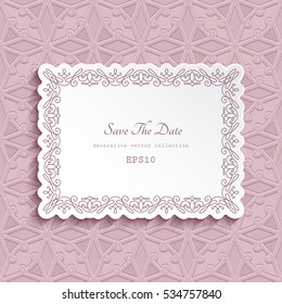 Rectangle frame with ornamental border decoration, cutout paper label, vector greeting card or wedding invitation template, eps10