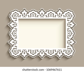 Rectangle frame with ornamental lace border, vector cutout paper decoration, wedding invitation or greeting card template, eps10