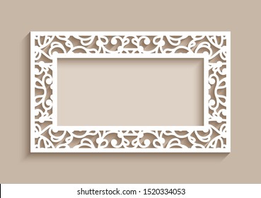Rectangle frame with ornamental lace border, vector cutout paper decoration, wedding invitation or greeting card design, laser cutting template. Place for text