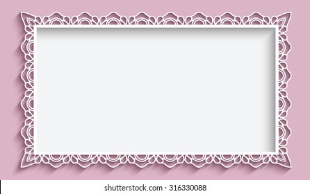 Rectangle frame with paper lace border ornament, vintage vector background, greeting card or wedding invitation template, eps10