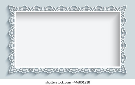 Rectangle frame with paper lace border ornament, vector greeting card or wedding invitation template, eps10