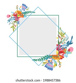 rectangle frame with pink and blue flower for wedding invitation