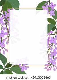 Marco rectangular con flores de lilo púrpura y plantas sobre un fondo blanco. Ilustración vectorial.