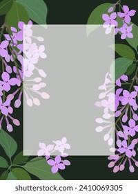 Marco rectangular con flores de lilo púrpura y plantas sobre un fondo oscuro. Ilustración vectorial.