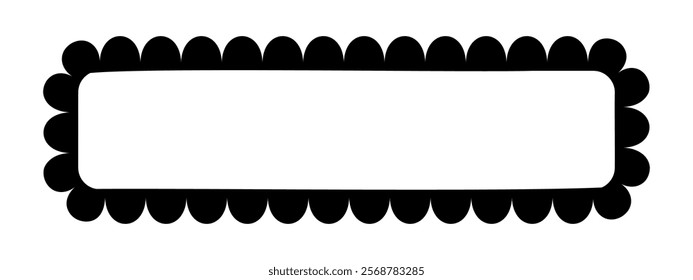 Rectangle frame with scallop borders. Tag, label, text box or headline template with frilly edges isolated on white background. Vignette for picture or mirror. Vector graphic illustration.