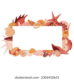 Rectangle frame with seashells, starfish, clams