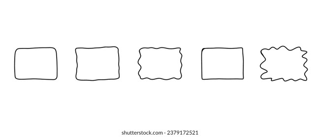 Rectangle frame set. Doodle hand drawn wavy curve deformed textured frames. Border sketch. Vector illustration isolated on a white background.