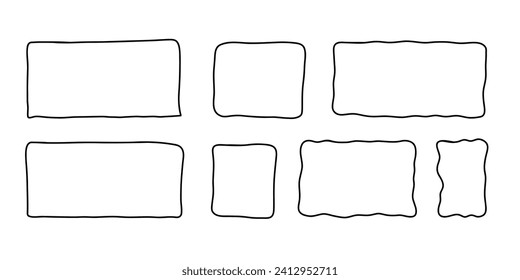 Drehwinkelrahmen-Set. Doodle handgezeichnet gewölbte Kurve verformte strukturierte Rahmen. Grenzskizze. Vektorgrafik einzeln auf weißem Hintergrund.