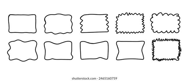 Rechteckrahmen gesetzt. Doodle Hand gezeichnete wellenförmige Kurve deformierte strukturierte Rahmen. Rahmenskizze. Vektorillustration auf weißem Hintergrund.