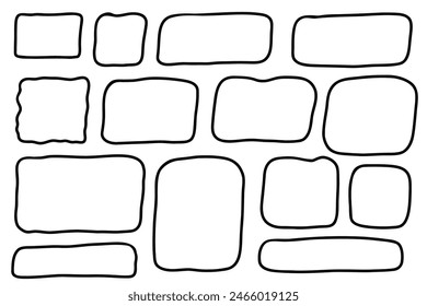Rectangle frame set. Doodle hand drawn wavy curve deformed textured frames. Border sketch set. Vector illustration isolated on a white background.