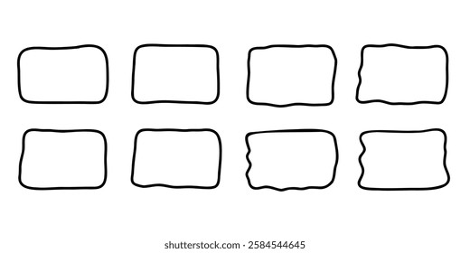 Rectangle frame set. Hand drawn doodle wavy curve deformed textured frames. Border sketch. Vector illustration isolated on a white background.