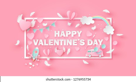 Rectangle frame of Valentine's day decorated with elements and text Happy Valentine's Day. Greeting card for Valentine's Day. paper cut and craft style. vector, illustration.