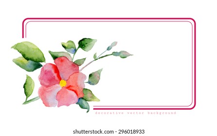 Rectangle frame with watercolor painting of red dog-rose on white background, greeting card or wedding invitation template, vector illustration
