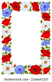 Rectangle frame with wildflowers. Red poppy flowers, white daisies, blue cornflowers, leaves isolated on a white background. Vector illustration